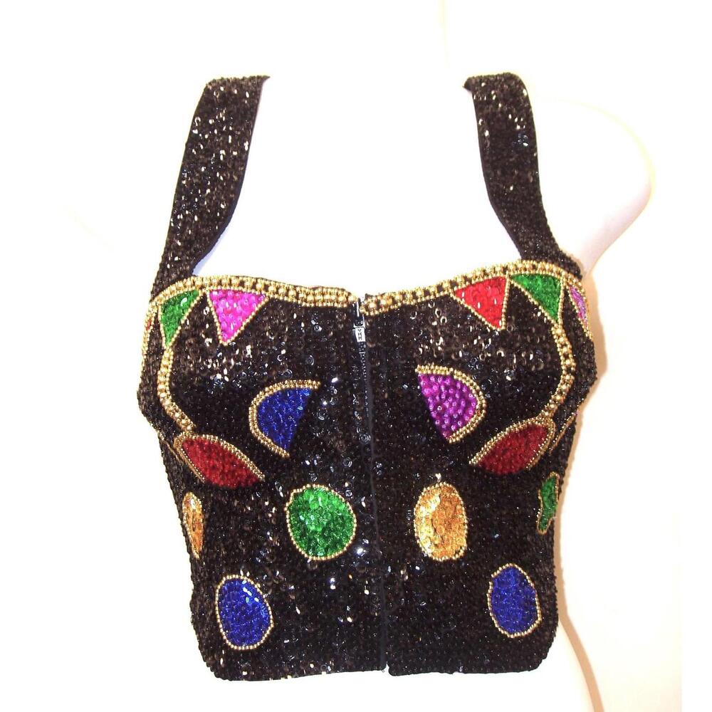 Sequin Halter Top BLACK w/COLOR DOTS Gold Beads size L only